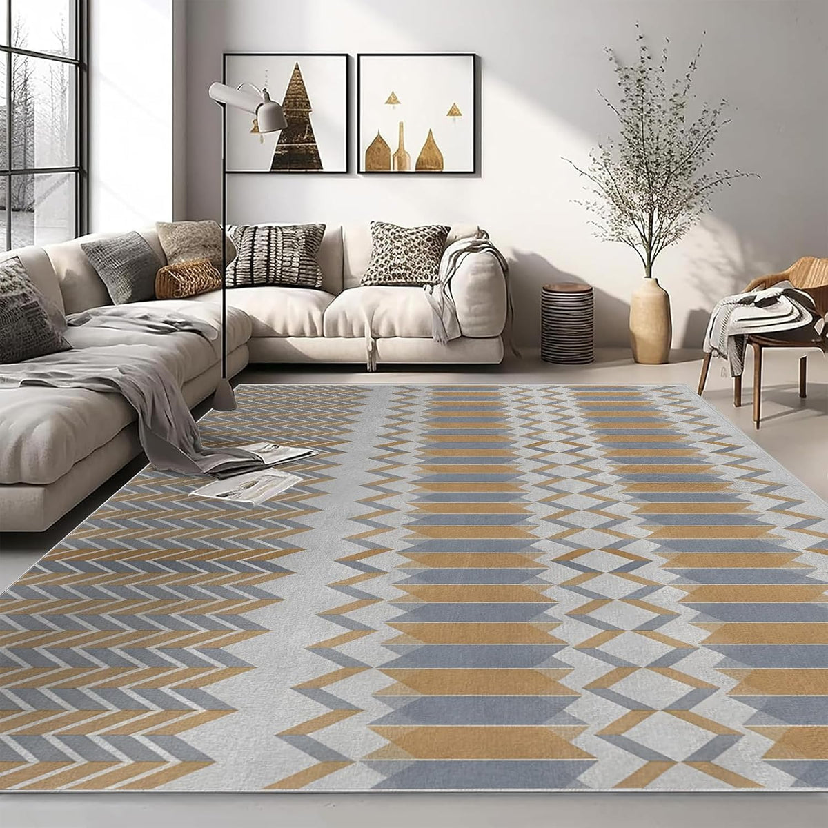 4x6ft Geometric Abstract Design Non-Slip Area Rug – Soft Low Pile Modern Simplicity,Machine Washable Living Room Rug for Bedroom, Hallway – Easy Clean Decorative Home Carpet Yellow Q1794