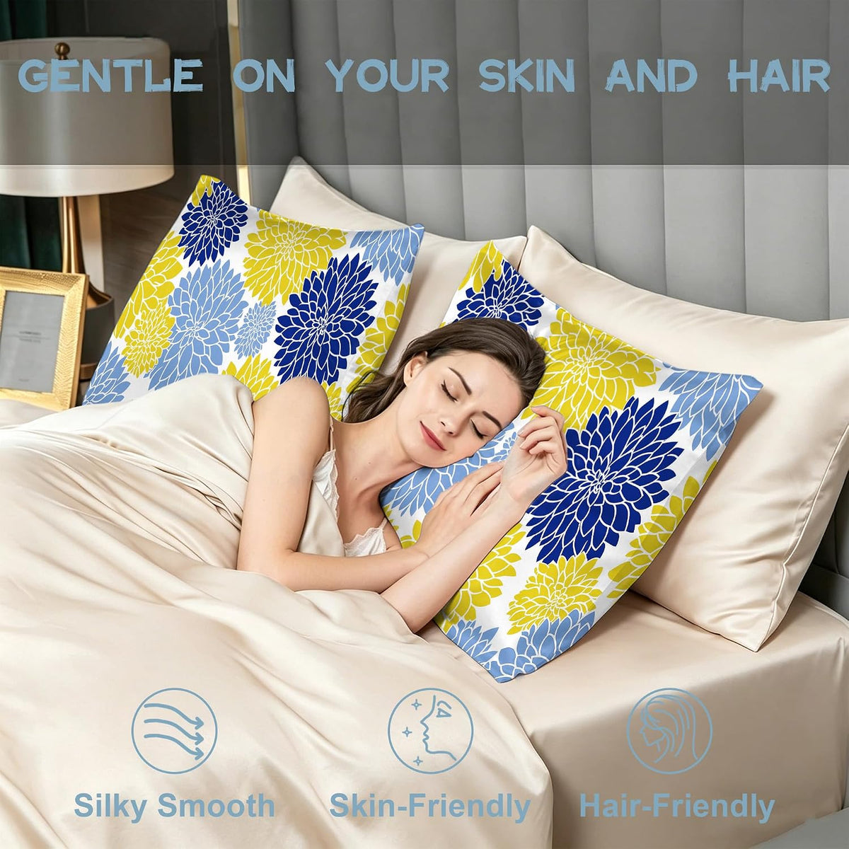 Yellow Navy Blue Flower Satin Pillowcase for Hair and Skin 1 Pack,Soft and Cooling Similar to Silk Pillow Cases with Hidden Zipper, Gift for Women Men(20"x30" Queen Size