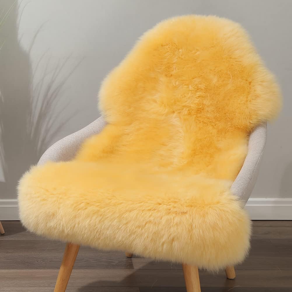 Genuine Sheepskin Area Rug Wool Rug Fur Carpet Fluffy Shaggy Fur Rug for Living Room Kids Bedroom Real Sheepskin Throw Lambskin Rugs Sofa Mat Chair Seat Covers (Yellow, 2 x 3 ft Sheepskin)