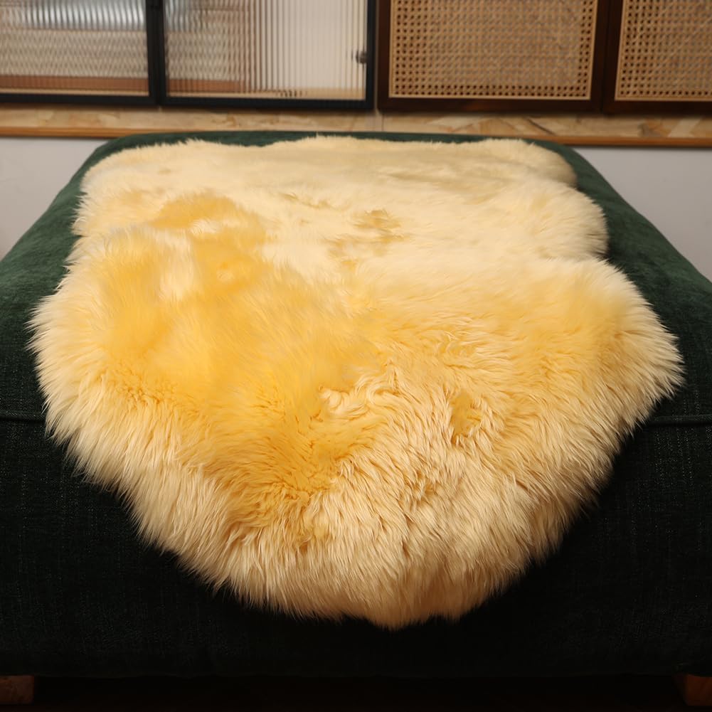 Genuine Sheepskin Area Rug Wool Rug Fur Carpet Fluffy Shaggy Fur Rug for Living Room Kids Bedroom Real Sheepskin Throw Lambskin Rugs Sofa Mat Chair Seat Covers (Yellow, 2 x 3 ft Sheepskin)