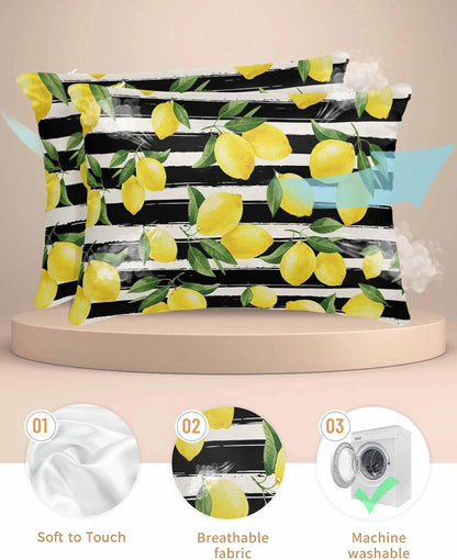 Yellow Lemons Pillow Cases Standard Size Set of 2, Satin Pillowcase for Hair and Skin, Summer Citrus Fruits Leaves Black Stripes Throw Pillow Covers Cooling Pillow Protector with Zipper 20"x26"x2