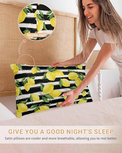 Yellow Lemons Pillow Cases Standard Size Set of 2, Satin Pillowcase for Hair and Skin, Summer Citrus Fruits Leaves Black Stripes Throw Pillow Covers Cooling Pillow Protector with Zipper 20"x26"x2