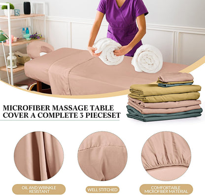 3 Sets Microfiber Massage Table Sheet Set 3 Colors 3 Piece Set Includes Massage Flat Sheet Fitted Sheet and Massage Face Rest Cover Stain Wrinkle-Resistant(Yellow, Pink, Dark Green)