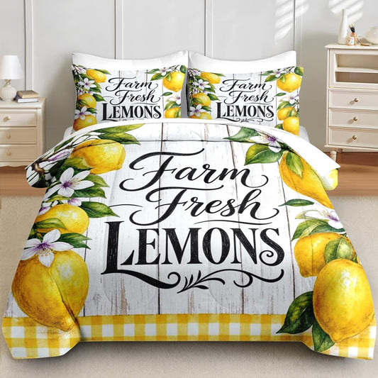 Twin Comforter Set, 5 Pieces Lemon Farmhouse Bedding Set