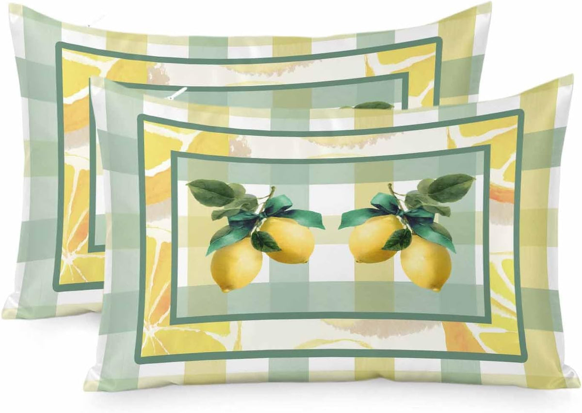 Lemon Pillow Cases Standard Size Set of 2, Botanical Fruit Leaves Bow Yellow Green Striped Satin Pillowcase with Zipper for Hair/Skin, Decorative Pillow Covers for Bed/Couch/Sofa, 20x26 Inches