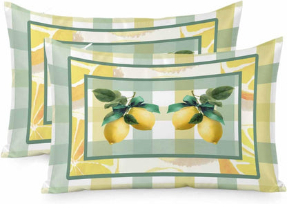 Lemon Pillow Cases Standard Size Set of 2, Botanical Fruit Leaves Bow Yellow Green Striped Satin Pillowcase with Zipper for Hair/Skin, Decorative Pillow Covers for Bed/Couch/Sofa, 20x26 Inches