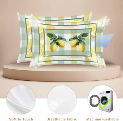 Lemon Pillow Cases Standard Size Set of 2, Botanical Fruit Leaves Bow Yellow Green Striped Satin Pillowcase with Zipper for Hair/Skin, Decorative Pillow Covers for Bed/Couch/Sofa, 20x26 Inches