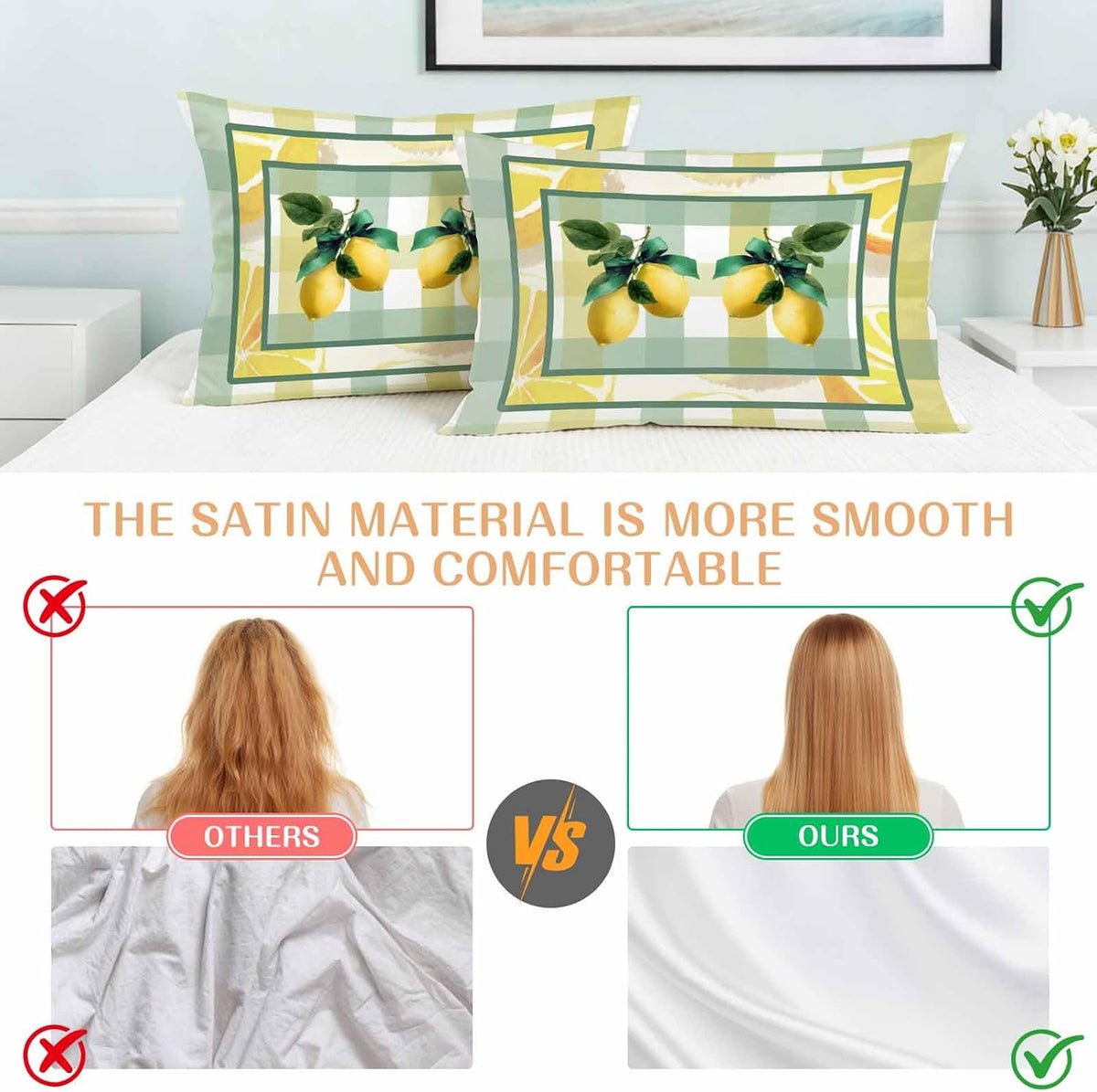 Lemon Pillow Cases Standard Size Set of 2, Botanical Fruit Leaves Bow Yellow Green Striped Satin Pillowcase with Zipper for Hair/Skin, Decorative Pillow Covers for Bed/Couch/Sofa, 20x26 Inches