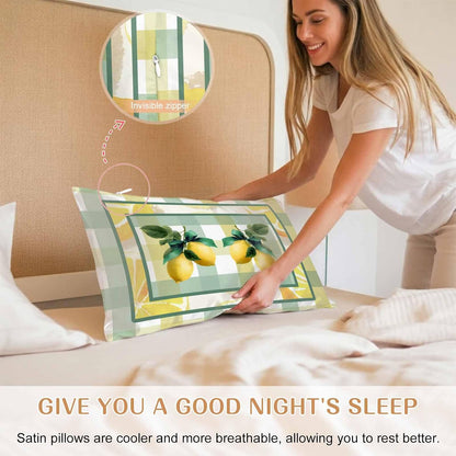 Lemon Pillow Cases Standard Size Set of 2, Botanical Fruit Leaves Bow Yellow Green Striped Satin Pillowcase with Zipper for Hair/Skin, Decorative Pillow Covers for Bed/Couch/Sofa, 20x26 Inches