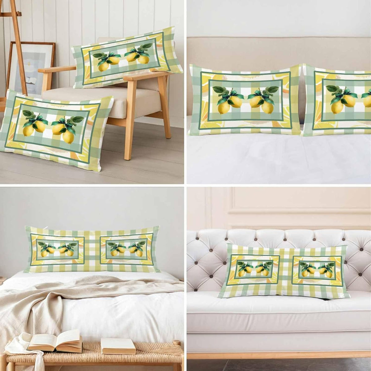 Lemon Pillow Cases Standard Size Set of 2, Botanical Fruit Leaves Bow Yellow Green Striped Satin Pillowcase with Zipper for Hair/Skin, Decorative Pillow Covers for Bed/Couch/Sofa, 20x26 Inches