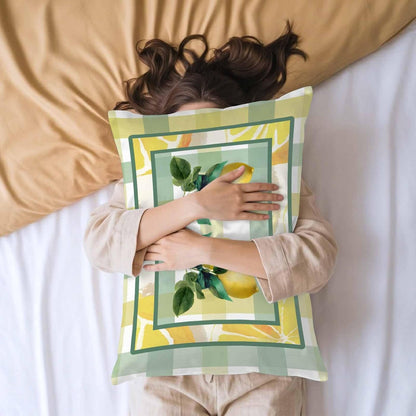 Lemon Pillow Cases Standard Size Set of 2, Botanical Fruit Leaves Bow Yellow Green Striped Satin Pillowcase with Zipper for Hair/Skin, Decorative Pillow Covers for Bed/Couch/Sofa, 20x26 Inches