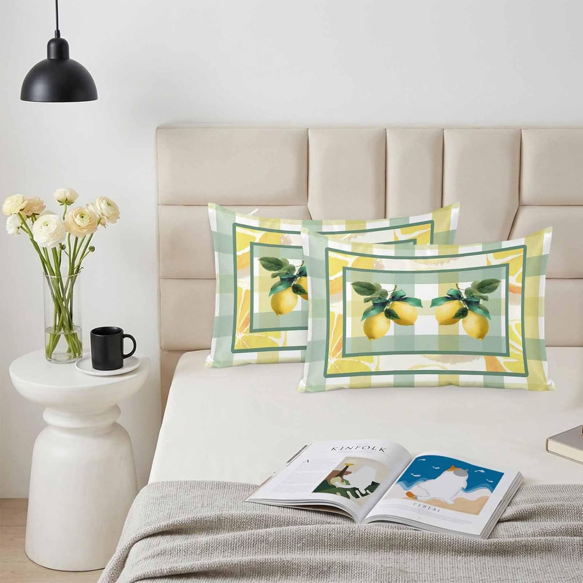 Lemon Pillow Cases Standard Size Set of 2, Botanical Fruit Leaves Bow Yellow Green Striped Satin Pillowcase with Zipper for Hair/Skin, Decorative Pillow Covers for Bed/Couch/Sofa, 20x26 Inches