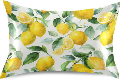 Watercolor Lemon Leaf Satin Pillowcase with Envelope Closure Yellow Standard Size Pillow Case, Silky Pillow Cover for Home Bedroom Sofa 20x26 in