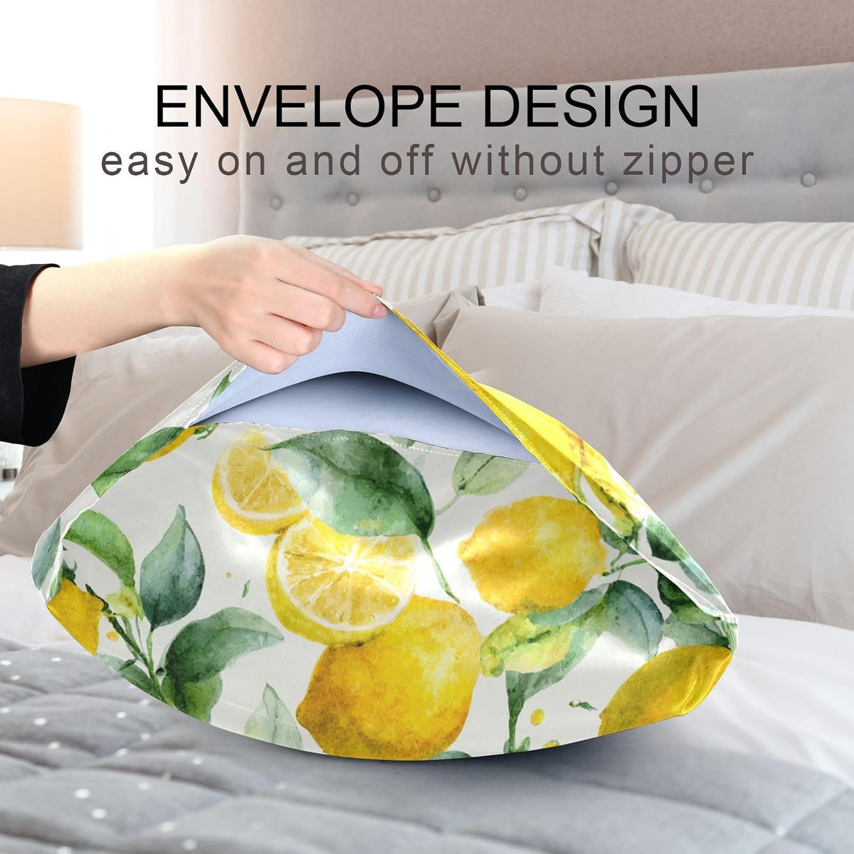 Watercolor Lemon Leaf Satin Pillowcase with Envelope Closure Yellow Standard Size Pillow Case, Silky Pillow Cover for Home Bedroom Sofa 20x26 in