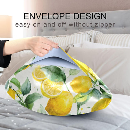 Watercolor Lemon Leaf Satin Pillowcase with Envelope Closure Yellow Standard Size Pillow Case, Silky Pillow Cover for Home Bedroom Sofa 20x26 in