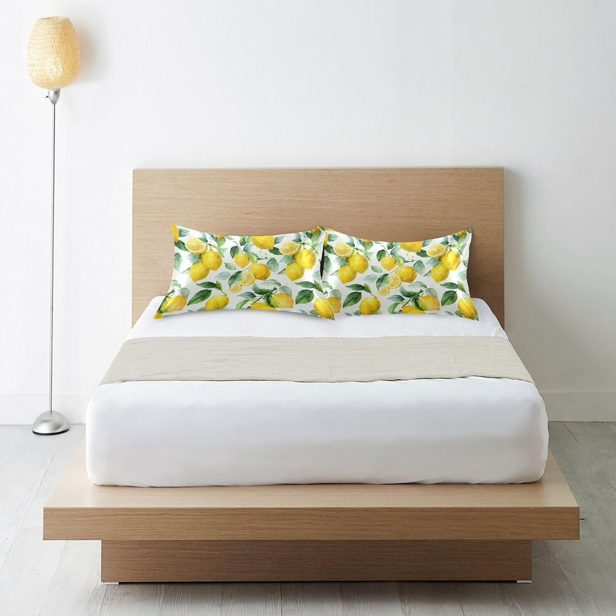 Watercolor Lemon Leaf Satin Pillowcase with Envelope Closure Yellow Standard Size Pillow Case, Silky Pillow Cover for Home Bedroom Sofa 20x26 in