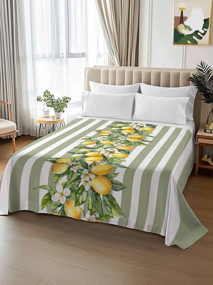 Lemon Striped Flat Bed Sheet Queen Size for Queen Mattress, Microfiber Bedding Top Sheets Deep Pocket for All Seasons, Sage Green Geometric Yellow Floral Leaf Soft & Breathable Hotel Quality
