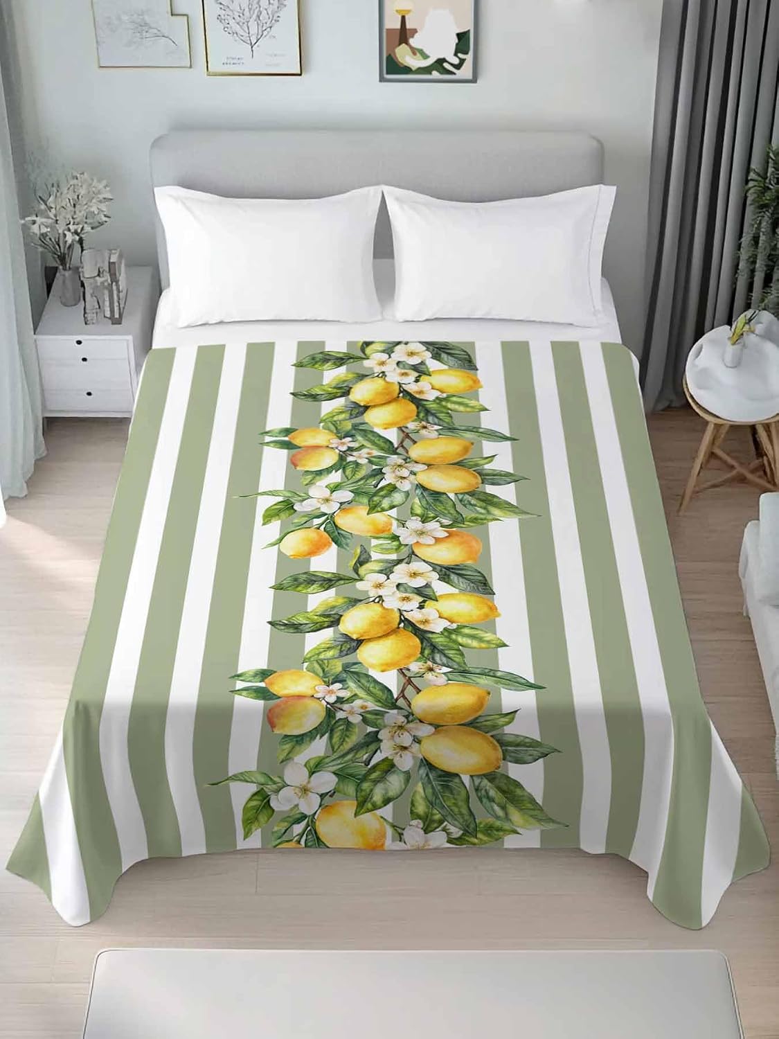 Lemon Striped Flat Bed Sheet Queen Size for Queen Mattress, Microfiber Bedding Top Sheets Deep Pocket for All Seasons, Sage Green Geometric Yellow Floral Leaf Soft & Breathable Hotel Quality