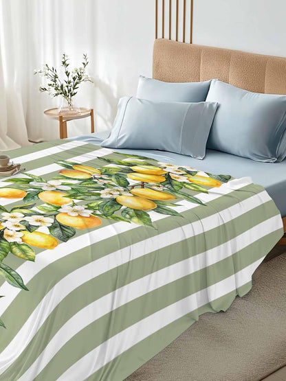 Lemon Striped Flat Bed Sheet Queen Size for Queen Mattress, Microfiber Bedding Top Sheets Deep Pocket for All Seasons, Sage Green Geometric Yellow Floral Leaf Soft & Breathable Hotel Quality
