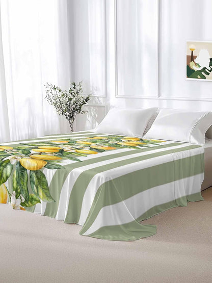 Lemon Striped Flat Bed Sheet Queen Size for Queen Mattress, Microfiber Bedding Top Sheets Deep Pocket for All Seasons, Sage Green Geometric Yellow Floral Leaf Soft & Breathable Hotel Quality