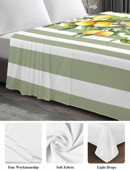 Lemon Striped Flat Bed Sheet Queen Size for Queen Mattress, Microfiber Bedding Top Sheets Deep Pocket for All Seasons, Sage Green Geometric Yellow Floral Leaf Soft & Breathable Hotel Quality