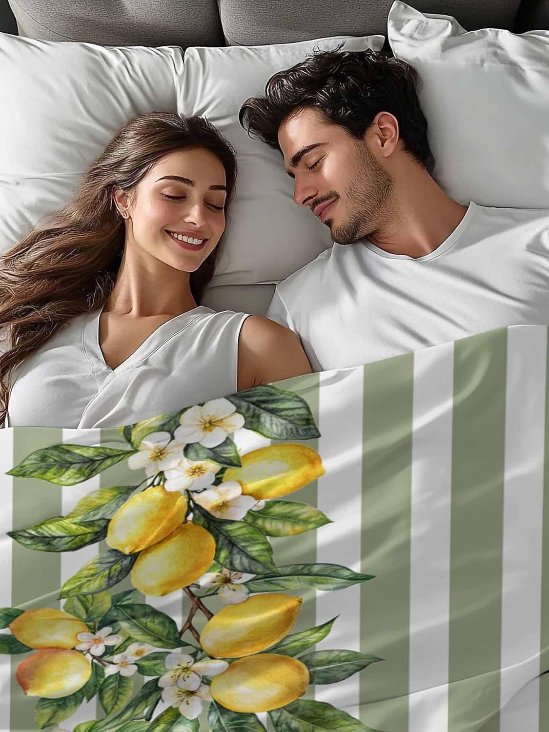 Lemon Striped Flat Bed Sheet Queen Size for Queen Mattress, Microfiber Bedding Top Sheets Deep Pocket for All Seasons, Sage Green Geometric Yellow Floral Leaf Soft & Breathable Hotel Quality