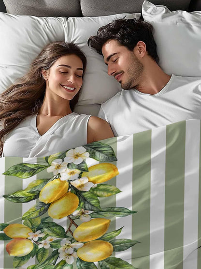 Lemon Striped Flat Bed Sheet Queen Size for Queen Mattress, Microfiber Bedding Top Sheets Deep Pocket for All Seasons, Sage Green Geometric Yellow Floral Leaf Soft & Breathable Hotel Quality
