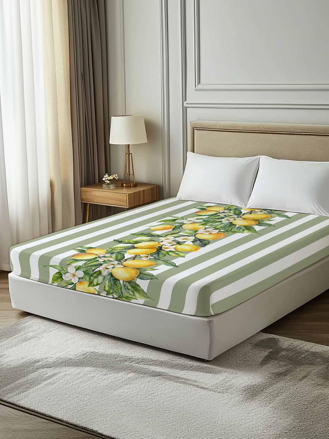 Lemon Striped Flat Bed Sheet Queen Size for Queen Mattress, Microfiber Bedding Top Sheets Deep Pocket for All Seasons, Sage Green Geometric Yellow Floral Leaf Soft & Breathable Hotel Quality