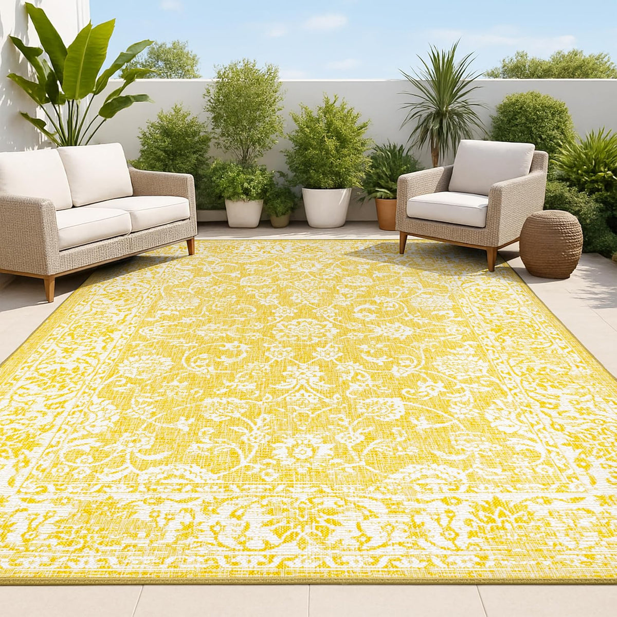Weave Floral Indoor Outdoor Area Rug 4X6 Yellow/Cream, Tela Bohemian Textured for Backyard, Patio, Porch, Easy-Cleaning, High Traffic, Pet-Friendly, Non-Shedding (SMB100E-4)