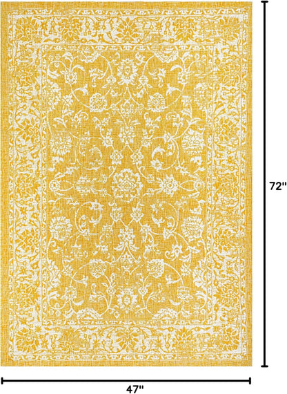 Weave Floral Indoor Outdoor Area Rug 4X6 Yellow/Cream, Tela Bohemian Textured for Backyard, Patio, Porch, Easy-Cleaning, High Traffic, Pet-Friendly, Non-Shedding (SMB100E-4)