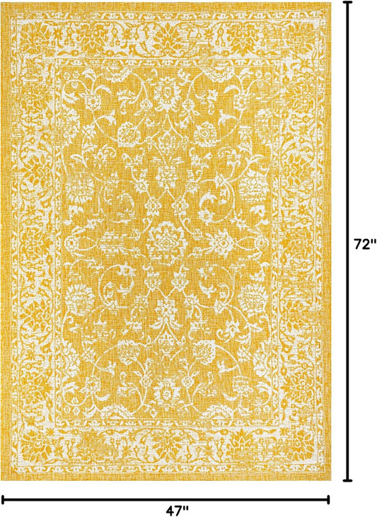 Weave Floral Indoor Outdoor Area Rug 4X6 Yellow/Cream, Tela Bohemian Textured for Backyard, Patio, Porch, Easy-Cleaning, High Traffic, Pet-Friendly, Non-Shedding (SMB100E-4)