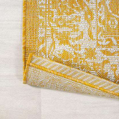 Weave Floral Indoor Outdoor Area Rug 4X6 Yellow/Cream, Tela Bohemian Textured for Backyard, Patio, Porch, Easy-Cleaning, High Traffic, Pet-Friendly, Non-Shedding (SMB100E-4)