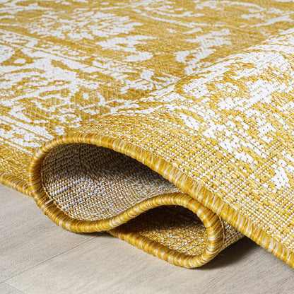 Weave Floral Indoor Outdoor Area Rug 4X6 Yellow/Cream, Tela Bohemian Textured for Backyard, Patio, Porch, Easy-Cleaning, High Traffic, Pet-Friendly, Non-Shedding (SMB100E-4)
