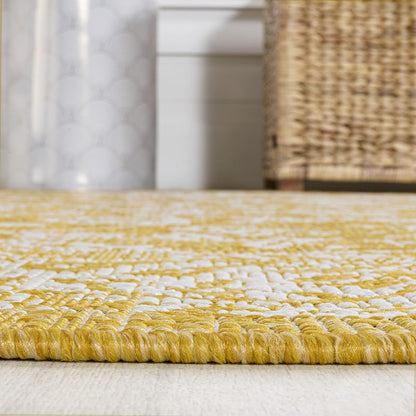 Weave Floral Indoor Outdoor Area Rug 4X6 Yellow/Cream, Tela Bohemian Textured for Backyard, Patio, Porch, Easy-Cleaning, High Traffic, Pet-Friendly, Non-Shedding (SMB100E-4)