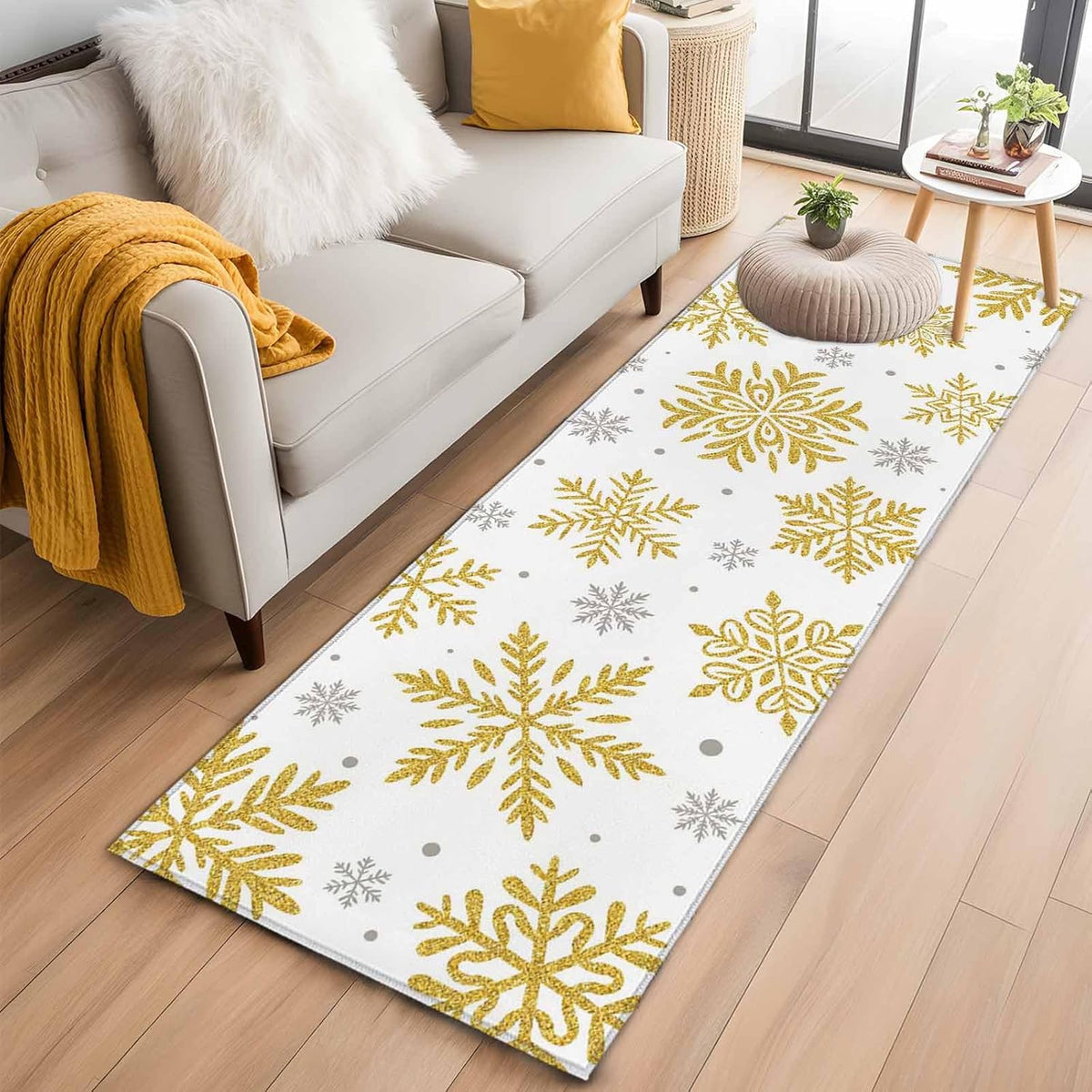 Christmas Area Rugs 2x6 for Kitchen Runner Rug, Winter Xmas Yellow Snowflakes Textured Non Slip Washable Rug Runner, Low Pile Indoor Floor Carpet Mat Bathroom Rugs for Bedroom, Kids Room