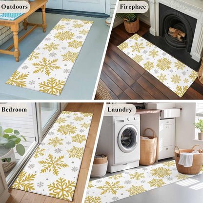 Christmas Area Rugs 2x6 for Kitchen Runner Rug, Winter Xmas Yellow Snowflakes Textured Non Slip Washable Rug Runner, Low Pile Indoor Floor Carpet Mat Bathroom Rugs for Bedroom, Kids Room