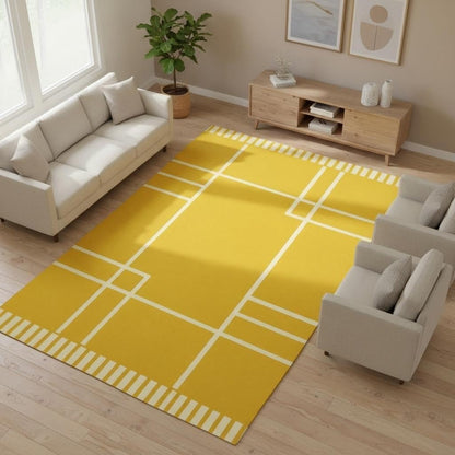 Modern Geometric Area Rug 4x6 Mid Century Modern Yellow Rug for Living Room Bedroom Home Office Low Pile Washable Indoor Carpet Contemporary Abstract Line Decor Nursery Apartment Non Slip Large Rugs
