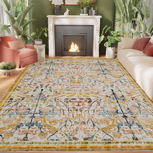 6x9 Washable Area Rugs for Living Room, Non-Slip Large Soft Boho Floral Vintage Accent Print Carpet for Bedroom Dorm Nursery Room Dining Room Farmhouse Home Office, Golden Yellow