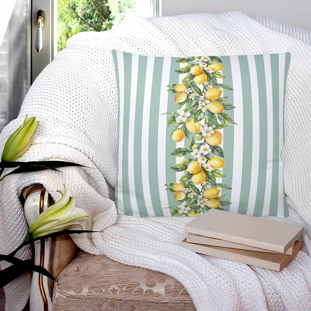Yellow Lemon Floral 2PCS Throw Pillow Covers for Couch Sofa Bed, Sage Green Stripe Pillow Covers 16x16 inch, Standard Pillowcases Set Decorative Cushion Covers for Living Room Bedroom