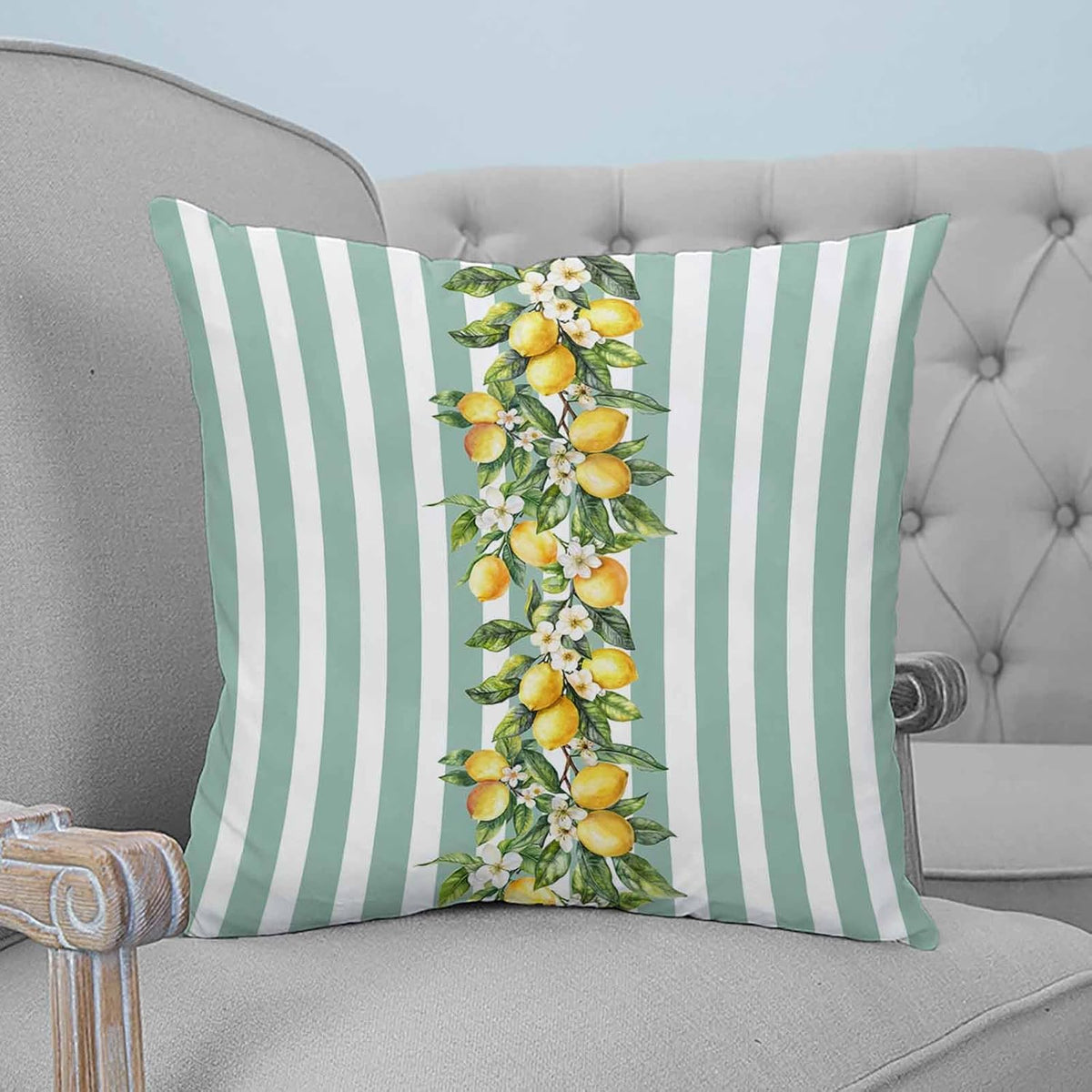 Yellow Lemon Floral 2PCS Throw Pillow Covers for Couch Sofa Bed, Sage Green Stripe Pillow Covers 16x16 inch, Standard Pillowcases Set Decorative Cushion Covers for Living Room Bedroom