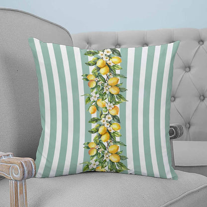Yellow Lemon Floral 2PCS Throw Pillow Covers for Couch Sofa Bed, Sage Green Stripe Pillow Covers 16x16 inch, Standard Pillowcases Set Decorative Cushion Covers for Living Room Bedroom