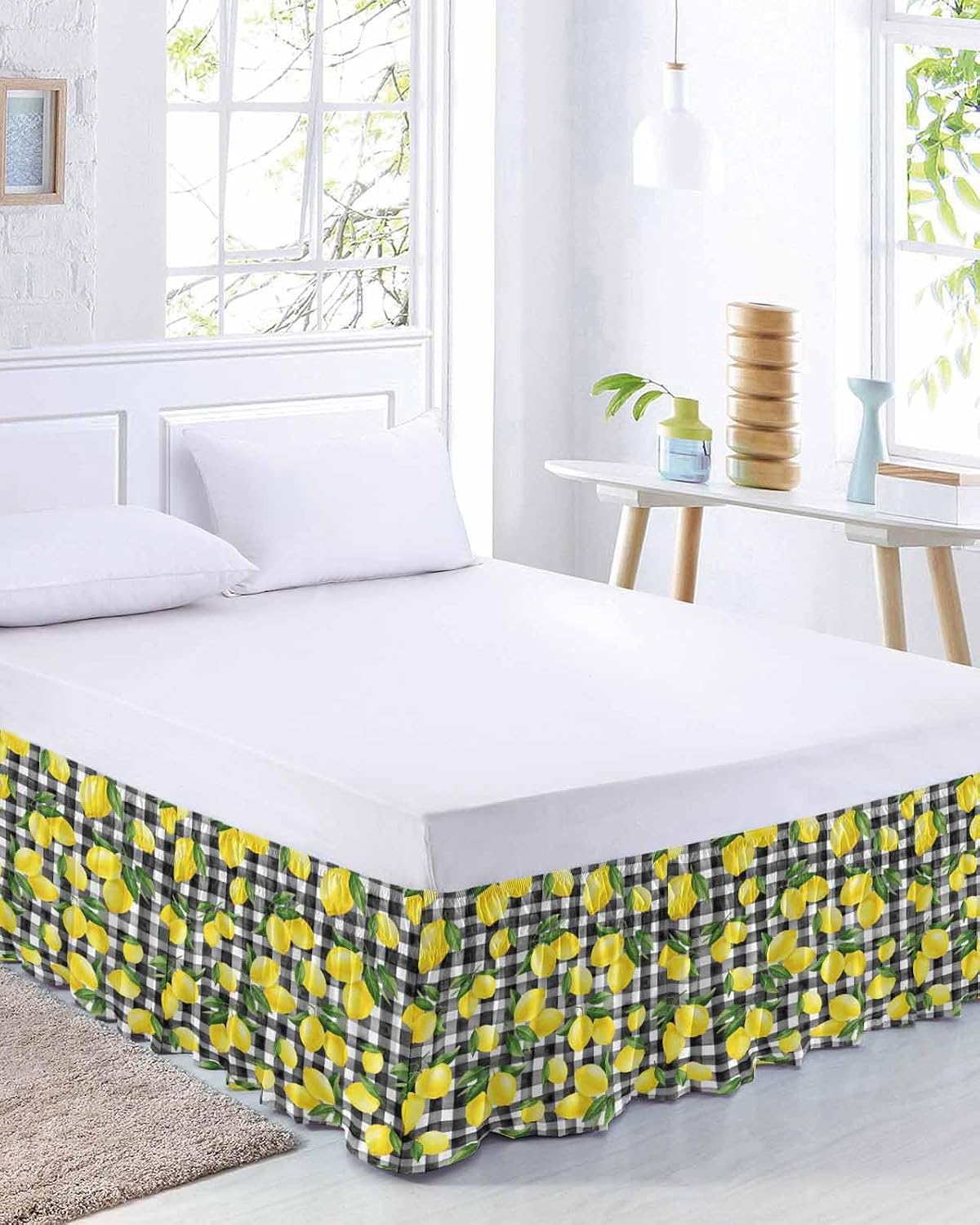 Yellow Lemons Bed Skirt Queen Size 16 Inch Drop, Adjustable Elastic Wrap Around Bed Skirts Easy Fitting Dust Ruffle Bedskirt Bed Frame Cover Summer Fruits Leaves Black White Buffalo Plaid