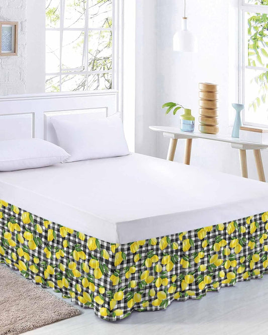 Yellow Lemons Bed Skirt Queen Size 16 Inch Drop, Adjustable Elastic Wrap Around Bed Skirts Easy Fitting Dust Ruffle Bedskirt Bed Frame Cover Summer Fruits Leaves Black White Buffalo Plaid