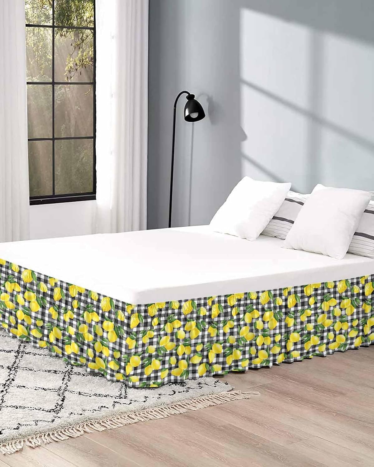 Yellow Lemons Bed Skirt Queen Size 16 Inch Drop, Adjustable Elastic Wrap Around Bed Skirts Easy Fitting Dust Ruffle Bedskirt Bed Frame Cover Summer Fruits Leaves Black White Buffalo Plaid