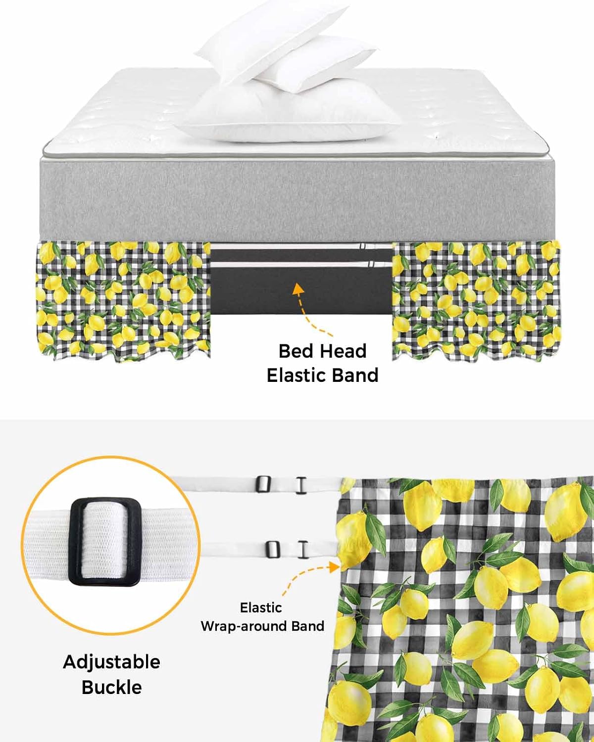 Yellow Lemons Bed Skirt Queen Size 16 Inch Drop, Adjustable Elastic Wrap Around Bed Skirts Easy Fitting Dust Ruffle Bedskirt Bed Frame Cover Summer Fruits Leaves Black White Buffalo Plaid