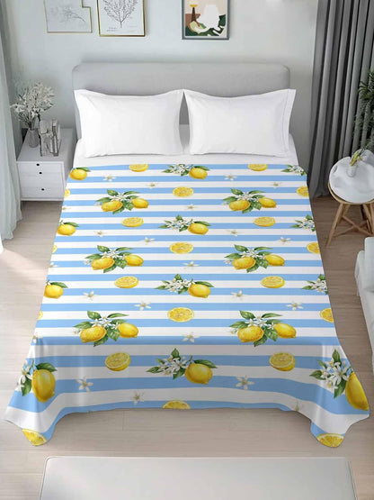 Queen Size Top Sheet Only, Summer Lemon Flower Leaf Flat Sheet Microfiber Breathable Soft Bed Sheets, Yellow Fruit Blue White Stripe Hotel Bedding Flat Sheets for Bedroom