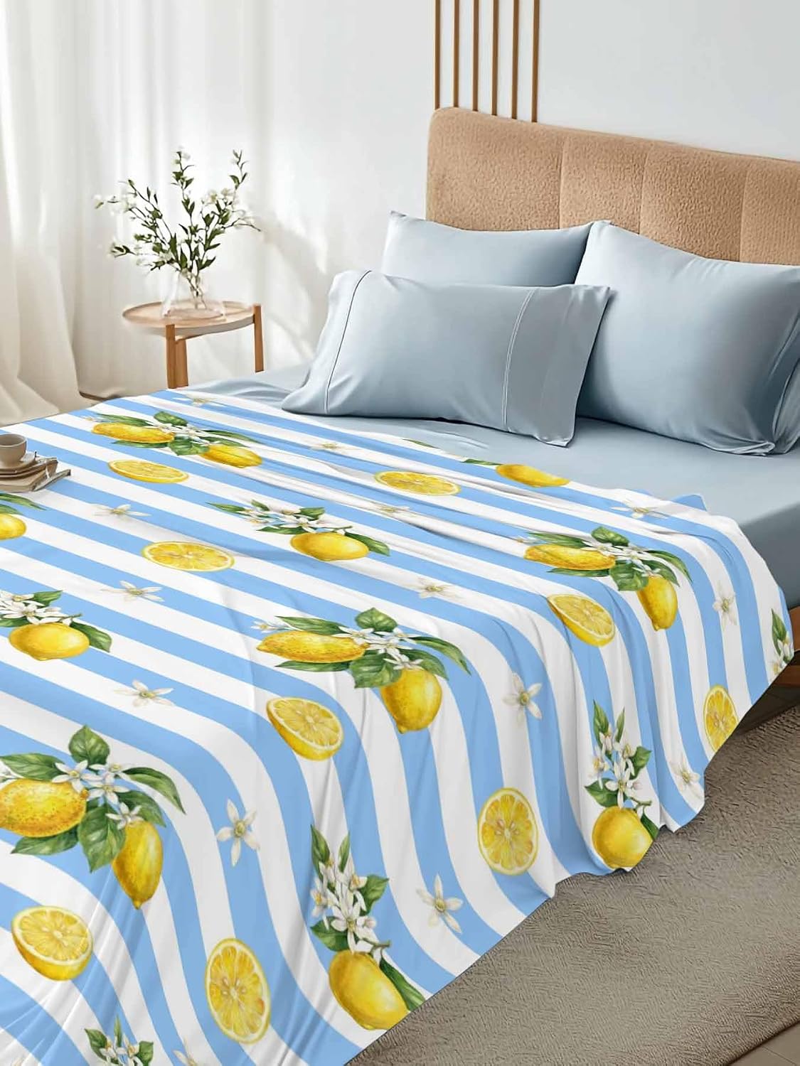 Queen Size Top Sheet Only, Summer Lemon Flower Leaf Flat Sheet Microfiber Breathable Soft Bed Sheets, Yellow Fruit Blue White Stripe Hotel Bedding Flat Sheets for Bedroom