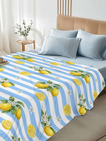 Queen Size Top Sheet Only, Summer Lemon Flower Leaf Flat Sheet Microfiber Breathable Soft Bed Sheets, Yellow Fruit Blue White Stripe Hotel Bedding Flat Sheets for Bedroom