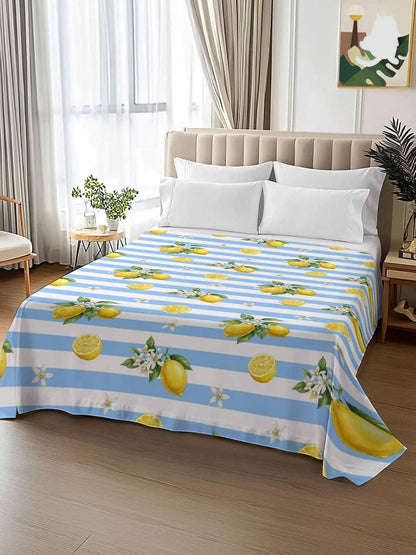 Queen Size Top Sheet Only, Summer Lemon Flower Leaf Flat Sheet Microfiber Breathable Soft Bed Sheets, Yellow Fruit Blue White Stripe Hotel Bedding Flat Sheets for Bedroom
