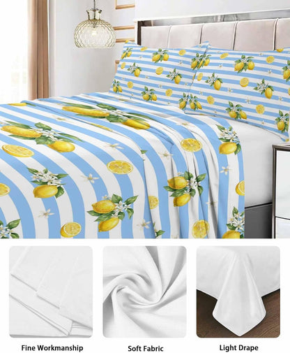 Queen Size Top Sheet Only, Summer Lemon Flower Leaf Flat Sheet Microfiber Breathable Soft Bed Sheets, Yellow Fruit Blue White Stripe Hotel Bedding Flat Sheets for Bedroom